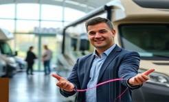 Connecticut dealership, friendly salesperson, showcasing the latest RV model, photorealistic, in the background: a well-organized showroom with modern decor, highly detailed, foot traffic and natural light filtering through glass windows, 35mm lens, warm and inviting colors, soft focus lighting, shot with a standard lens.