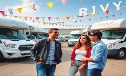 busy RV dealership, enthusiastic family, exploring different RV options, photorealistic, in the background: an open lot with multiple RVs, highly detailed, balloons and banners fluttering, 24mm lens, diverse and vivid colors, bright midday lighting, shot with an ultra-wide lens.