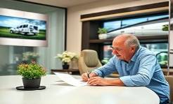 Connecticut RV sale, excited couple, signing papers for new RV, photorealistic, in the background: a modern office interior with glass partitions, highly detailed, digital screens displaying RV features, 85mm lens, neutral tones with pops of color from plants, ambient indoor lighting, shot with a macro lens.