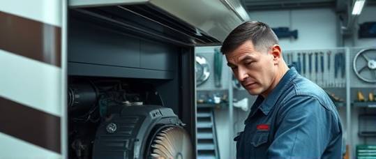 dealership vehicles, meticulous mechanic, inspecting RV engine, photorealistic, in the background: a well-equipped service bay with tools neatly arranged, highly detailed, slight motion blur from rotating fan, 50mm lens, cool metallic tones and high contrast, workshop lighting, shot with a telephoto lens.