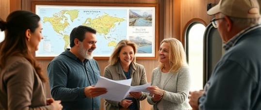 Connecticut RV enthusiasts, family, planning their journey at a dealership, photorealistic, in the background: a wall map and travel brochures, highly detailed, animated conversation and gestures, 70mm lens, warm earthy tones and cozy lighting, natural daylight streaming in, shot with a zoom lens.
