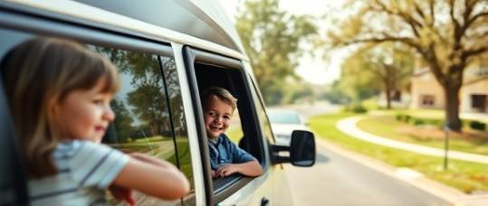 family RV test drive, excited kids, peering out of tinted windows, photorealistic, in the background: suburban streets and parklands, highly detailed, trees gently swaying, 35mm lens, cheerful colors with crisp contrast, soft morning light, shot with a prime lens.