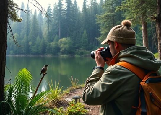 explorative campers travel, curious, photographing a rare bird, photorealistic, dense forest with exotic plants and a serene lake, highly detailed, birds chirping, 50mm, bright, soft morning light, shot with a telephoto lens