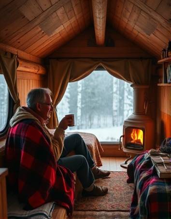 cozy campers interior, relaxed, sipping hot cocoa, photorealistic, rustic wooden interior with plaid blankets and a small fireplace, highly detailed, crackling fire, 24mm, warm, soft ambient lighting, shot with a standard lens
