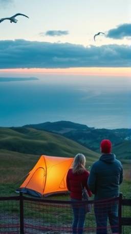 breathtaking campers scenic, awe-inspired, gazing at the horizon, photorealistic, expansive view of rolling hills and a distant ocean, highly detailed, seagulls flying, 28mm, cool, twilight, shot with a panoramic lens