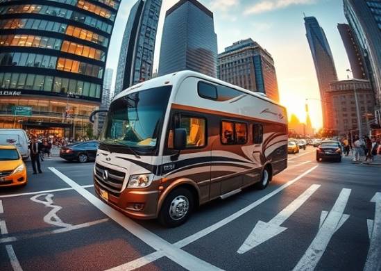 brand new RV, enthusiastic, highlighting sleek design, photorealistic, urban lot with surrounding skyscrapers, highly detailed, traffic and pedestrians, 12k resolution, metallic finish, early morning golden glow, shot with a fisheye lens.