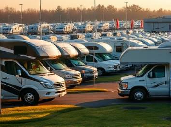 stylish RVs at a sale in Connecticut, inviting, parked in neat rows, photorealistic, expansive dealership with neat lawns, highly detailed, fluttering pennants and balloons, full HD resolution, warm hues, soft morning light, shot with a telephoto lens.