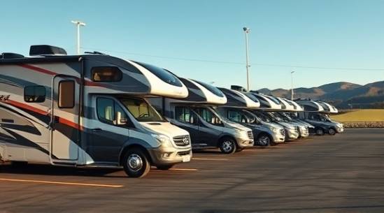 modern new RVs, impressive, showcasing sleek bodywork, photorealistic, Connecticut parking lot with distant rolling hills, highly detailed, cars driving by, high resolution, two-toned paint, natural afternoon light, shot with an anamorphic lens.
