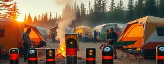innovative camping accessories, excited, being used, photorealistic, amidst a bustling campsite, highly detailed, smoke from campfires wafting, 4k resolution, bright reds and yellows, golden morning light, shot with a 24mm lens.