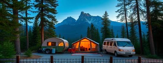 quaint CT camping setup, peaceful, relaxing, photorealistic, against a backdrop of majestic mountains, highly detailed, gentle breeze through the trees, 8k resolution, soothing blues and greens, soft dawn light, shot with a 70-200mm lens.