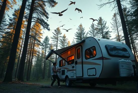 sleek camper gadgets, curious, interacting, photorealistic, situating in a deep forest with towering trees, highly detailed, birds flying across the sky, 4k resolution, earthy browns and vibrant reds, dappled sunlight, shot with a 16mm lens.