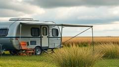 portable camper accessories, focused, assembling, photorealistic, somewhere within a large open meadow, highly detailed, grass swaying in the breeze, 4k resolution, pastel shades, soft cloudy illumination, shot with a 24-70mm lens.