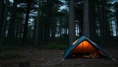 rustic CT camping scene, serene, exploring, photorealistic, at the edge of a dense woodland, highly detailed, shadowy canopy above, 8k resolution, earthy tones, diffused twilight shadows, shot with a 105mm macro lens.
