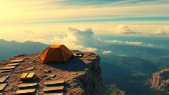 high-tech camping gadgets, intrigued, testing, photorealistic, on a rocky cliffside with a panoramic view, highly detailed, clouds drifting overhead, 4k resolution, intense blues and golds, bright midday light, shot with a 14mm lens.