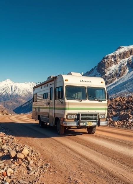 classic CTcamper, adventurous expression, crossing a mountain pass, photorealistic, rocky terrain with snow-capped peaks and clear blue sky, highly detailed, dust trail from tires, crisp image, warm neutral tones, sunlit high-altitude lighting, shot with a wide-angle lens.