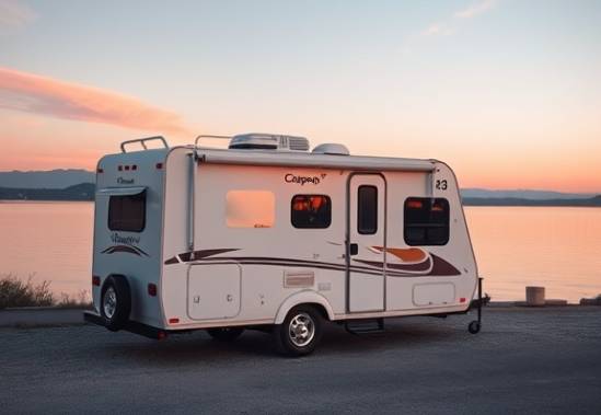 sleek campervalue, content expression, parked by a lakefront, photorealistic, tranquil waters reflecting the sunset, highly detailed, gentle ripples on the water, crisp clarity, pastel hues of pink and orange, golden hour lighting, shot with a telephoto lens.