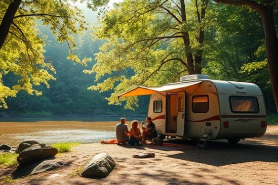 modern camperlife scene, relaxed family, setting up camp beside a tranquil river, photorealistic, lush forest background with dappled sunlight, highly detailed, gentle breeze rustling leaves, warm earthy tones, soft afternoon glow, shot with a wide-angle lens.