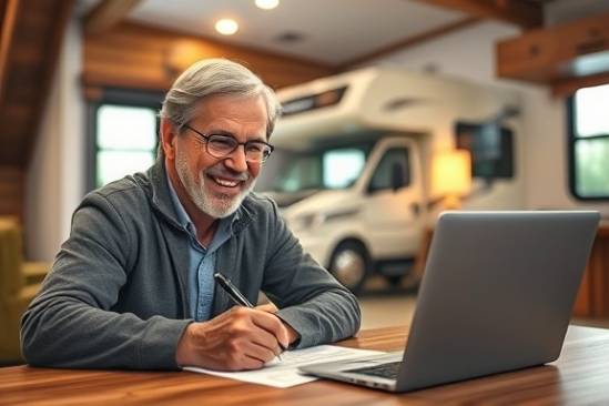 modern RV loan, relieved expression, signing documents, photorealistic, cozy office environment with wooden accents, highly detailed, financial advisor with laptop, macro, warm tones, soft indoor lighting, shot with a 100mm lens.