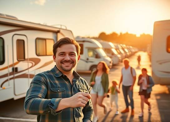 happy RV purchase, excited expression, receiving keys, photorealistic, sunny parking lot filled with new RVs, highly detailed, families taking pictures beside RVs, wide-angle, rich colors, golden hour lighting, shot with a 24mm lens.