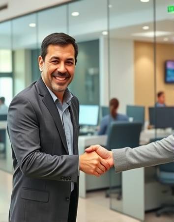 friendly RV lending, welcoming expression, shaking hands, photorealistic, contemporary bank lobby with glass walls, highly detailed, staff working on computers in the background, medium shot, neutral colors, office lighting, shot with a 35mm lens.
