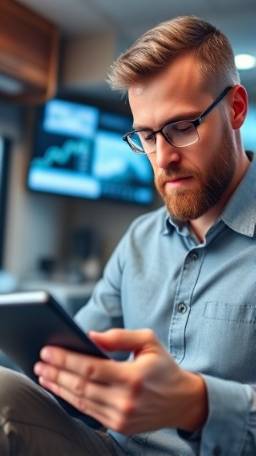 efficient RV financing, focused expression, reviewing terms, photorealistic, modern financial office with digital screens, highly detailed, scrolling through tablet, close-up, soft blues and grays, diffused lighting, shot with a 50mm lens.
