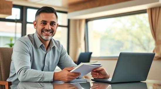 personalized RV loan, satisfied expression, consulting advisor, photorealistic, bright meeting room with large windows, highly detailed, advisors with brochures and laptops, telephoto, pastel colors, morning sunlight, shot with a 135mm lens.
