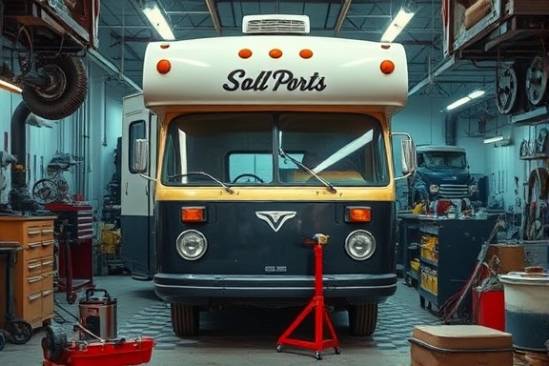 vintage RV, focused, receiving maintenance, photorealistic, surrounded by parts and tools in an RV repair shop, highly detailed, moving mechanics with oil stains, glossy finish, warm overhead lights, shot with a wide-angle lens.