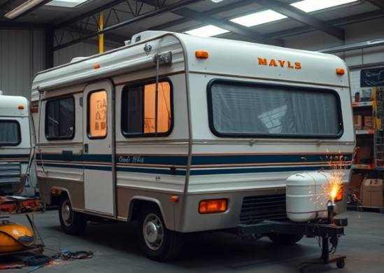 classic RV, concentrated, undergoing RV repair, photorealistic, inside a spacious Connecticut workshop, highly detailed, with sparks from welding, vibrant hues, soft fluorescent lighting, shot with an 85mm lens.