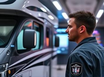 luxury RV, introspective, checked by a mechanic, photorealistic, in a high-tech RV maintenance facility, highly detailed, computer screens with diagnostics, sleek design, cool LED lights, shot with a 35mm lens.