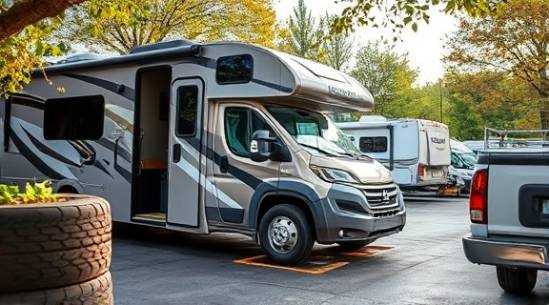 spacious RV, enthusiastic, having tires rotated, photorealistic, on the outdoor grounds of a bustling RV workshop, highly detailed, rustling leaves and vehicle movements, rich colors, natural daylight, shot with a 24mm lens.